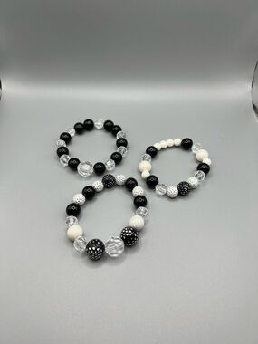 Black & White Beaded Stretch Bracelet Set - Handmade #B0059T